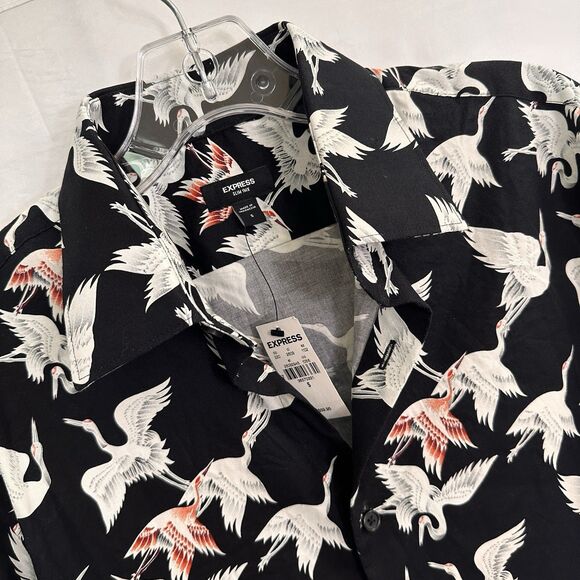 NEW Express Slim 1MX Button Up Shirt Mens SMALL Crane Allover Stretch Preppy